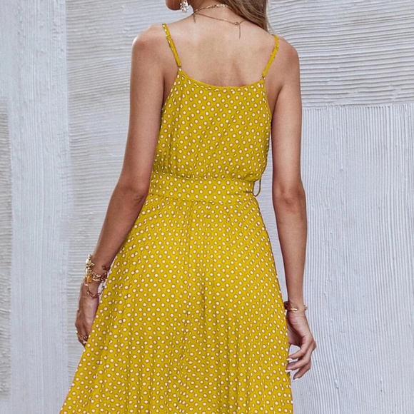 Boho Polka Dot Belted V neck Cami Dress Yellow - Picture 11 of 12
